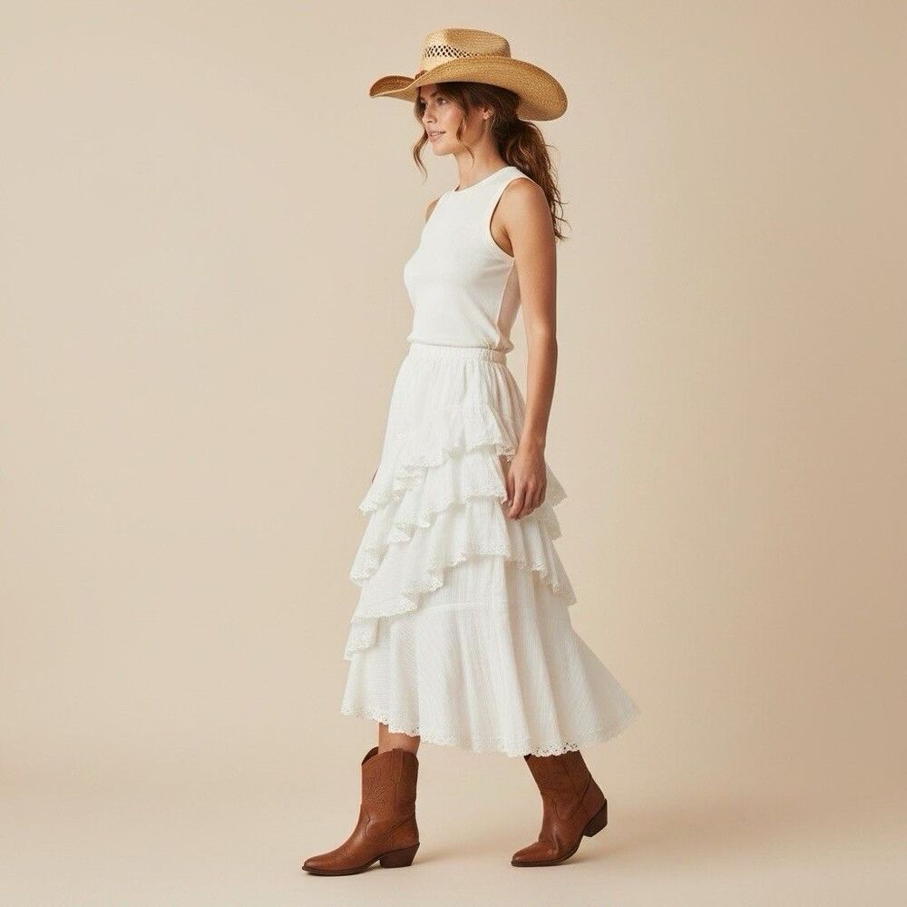 Mable Mischa Crochet Lace White Tired Ruffle Maxi Skirt Coastal Cowgirl Boho M